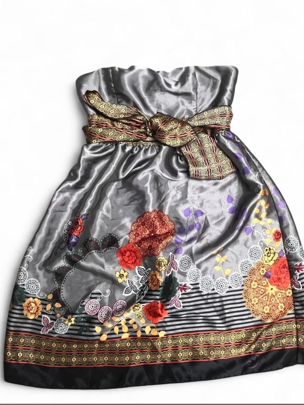 Vintage Charlotte Russe Silver Satin Dress with Floral Accents